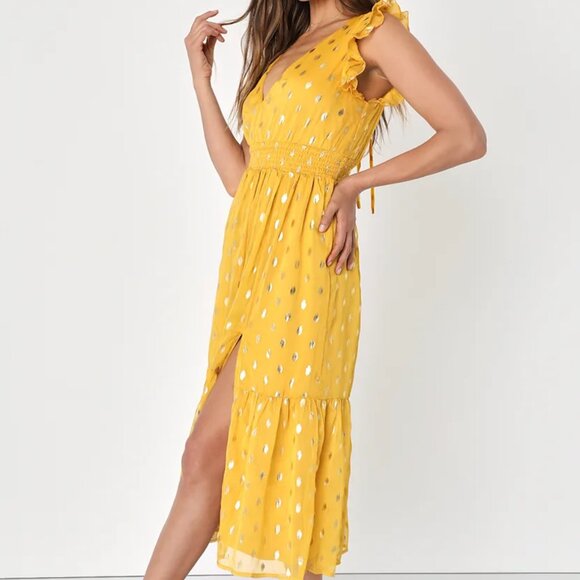 Lulus Cause to Celebrate Yellow and Gold Dot Ruffled Tiered Midi Dress (M) - Picture 4 of 8